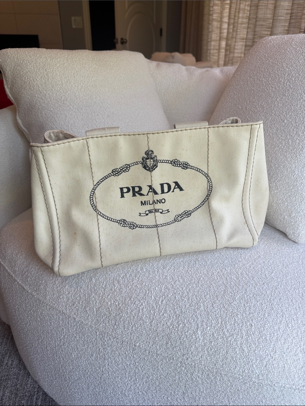 Prada Canapa Cream Canvas Tote with Black Logo
